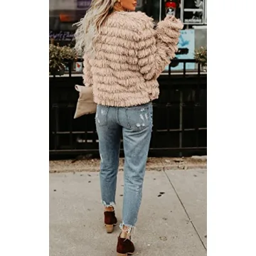 Lovaru Womens Coat Long Sleeve Open Front Parka Shaggy Faux Fur Coat Jacket Parka Coffee