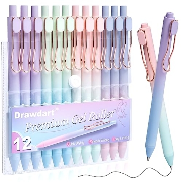 Drawdart Gel Pens, 12 Pcs Smooth Writing Pens No Bleed & Smear, Black Ink Cute Pens Fine Point (0.5m...
