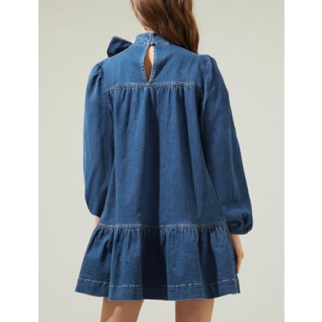 EZAPINE Women's Puff Long Sleeve Denim Dress Ruffle Mock Neck Tiered Mini Babydoll Dress Casual Flowy Swing Jean Dresses Navy Blue
