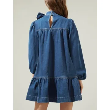 EZAPINE Women's Puff Long Sleeve Denim Dress Ruffle Mock Neck Tiered Mini Babydoll Dress Casual Flowy Swing Jean Dresses Navy Blue