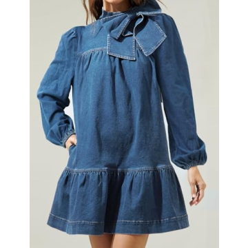 EZAPINE Women's Puff Long Sleeve Denim Dress Ruffle Mock Neck Tiered Mini Babydoll Dress Casual Flowy Swing Jean Dresses Navy Blue