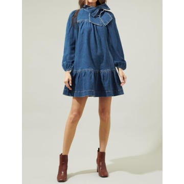 EZAPINE Women's Puff Long Sleeve Denim Dress Ruffle Mock Neck Tiered Mini Babydoll Dress Casual Flowy Swing Jean Dresses Navy Blue