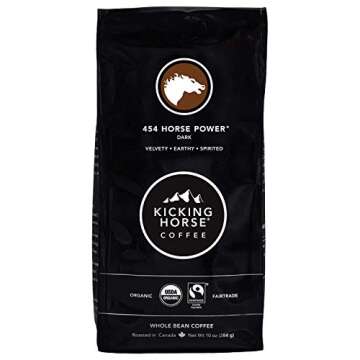 Kicking Horse Coffee, 454 Horse Power, Dark Roast, Whole Bean, 10 oz - Certified Organic, Fairtrade,...