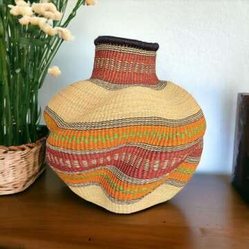 Wicker Round Basket,16x18 in,African Basket Decor,Rattan Basket Pot for Plants,Storage Large Basket,Bolga Basket (Small)