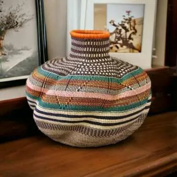 Wicker Round Basket,16x18 in,African Basket Decor,Rattan Basket Pot for Plants,Storage Large Basket,Bolga Basket (Small)