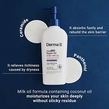 Derma B CeraMD Repair Oil 200ml, Unscented Fragrance Free Lightweight Fast Absorbing Soften Moisturizing Body Oil with Coconut Oil Milky Formula for Dry Sensitive Itchy Skin without Greasy