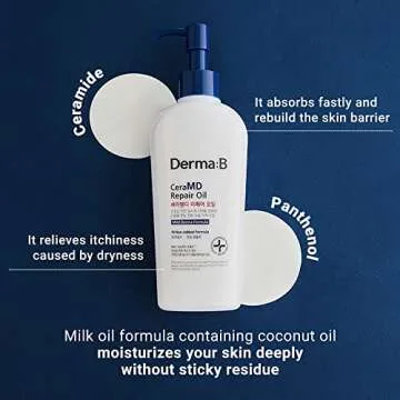 Derma B CeraMD Repair Oil 200ml, Unscented Fragrance Free Lightweight Fast Absorbing Soften Moisturizing Body Oil with Coconut Oil Milky Formula for Dry Sensitive Itchy Skin without Greasy