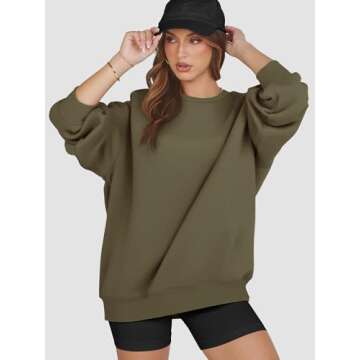 ATHMILE Oversized Sweatshirt for Women Crewneck Fleece Long Sleeve Pullover Hoodies Tops Fall Fashion Outfits 2024 Clothes-L Armygreen