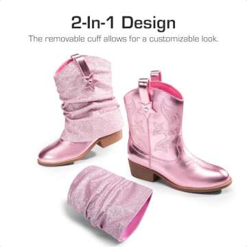 DREAM PAIRS Girls Cowboy Cowgirl Boots - 2-in-1 Western Design with Removable Cuffs