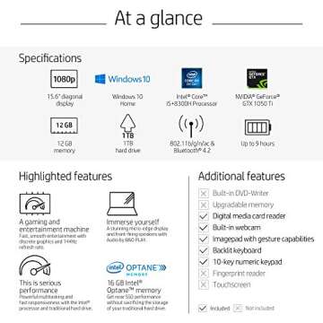 Amazon Exclusive-HP Pavilion Gaming Laptop,15.6" FHD IPS, Intel 8th Gen i5+8300H, NVIDIA GTX 1050Ti 4GB, 12GB RAM, 16GB Intel Optane Memory,1TB HDD, Narrow border, Windows 10 Home (15-cx0049nr,Black)