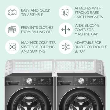 Eltow Laundry Guard with Silicone Gap Cover, Magnetic Fence for Washer/Dryer to Keep Clothes from Falling Behind, with 8 Strong Magnets, Laundry Room Accessories, Fits Most Washers (White)