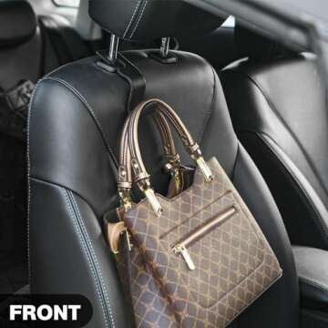 AMVOYOA U-Shaped Car Leather Hooks – Car Purse Holder, Headrest Hooks for Car, Back Seat Organizer - Elevate Your Travel Experience!(Beige)