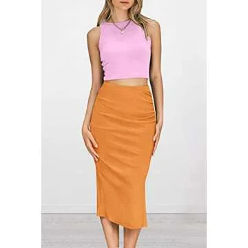 PRETTYGARDEN Women's 2 Piece Summer Outfits Crewneck Tank Tops Split Bodycon Midi Skirt Set (Light Pink_Bright Yellow,X-Large)