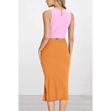 PRETTYGARDEN Women's 2 Piece Summer Outfits Crewneck Tank Tops Split Bodycon Midi Skirt Set (Light Pink_Bright Yellow,X-Large)