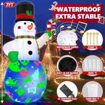 7Ft Christmas Inflatables Snowman Built-in Music Box & Rotating Colorful LED Lights, Christmas Inflatable Decoration Outdoor Blow Up Yard Decoration Snow Man for Holiday Party Xmas New Year