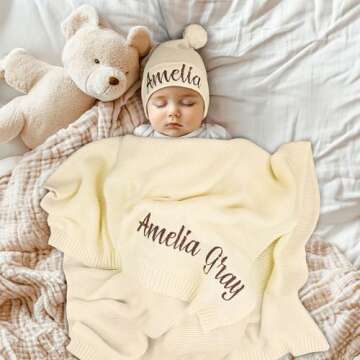 Personalized Baby Blanket, 100% Organic Cotton GOTS Certified, Customized Baby Blanket with Name, Ba...