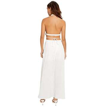 SweatyRocks Women's V Neck Cut Out Metal Front Split Thigh Tie Backless Halter Maxi Dress White S