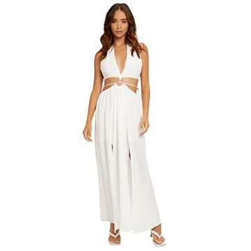 SweatyRocks Women's V Neck Cut Out Metal Front Split Thigh Tie Backless Halter Maxi Dress White S