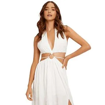 SweatyRocks Women's V Neck Cut Out Metal Front Split Thigh Tie Backless Halter Maxi Dress White S