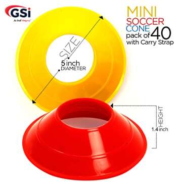 GSi Mini Cones for Sports - 40 Pack - 5Inch Diameter for Better Space Utilization - Comes with Shoul...