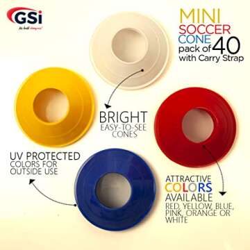 GSi Mini Cones for Sports - 40 Pack - 5Inch Diameter for Better Space Utilization - Comes with Shoulder Strap - for Agility Training Drills