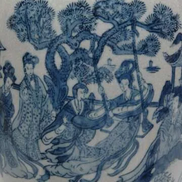 Red Lantern 11" Ladies Blue & White Porcelain Vase Jar