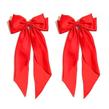Furling Pompoms Hair Bows for Women,Large Satin Silky Red Hair Bow Clips Ribbon Long Tail French Bar...