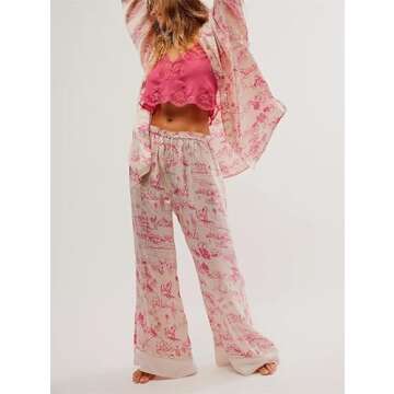 SOOKABEILA Women Y2k Floral Pajama Set Long Sleeve Button Down Shirts Wide Leg Pants 2 Piece Loose Lounge Pjs Sleepwear (Pink,S)