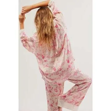SOOKABEILA Women Y2k Floral Pajama Set Long Sleeve Button Down Shirts Wide Leg Pants 2 Piece Loose Lounge Pjs Sleepwear (Pink,S)