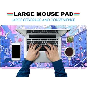 Anime Kawaii Desk Mat Mousepad Cute Japanese Large Gaming Mouse Pad XXL, Pastel Aesthetic Purple Blue Laptop Keyboard Mouse Mat, Magical Fantasy City Girl Gamer Computer Desktop Mat 31.5x15.75 in