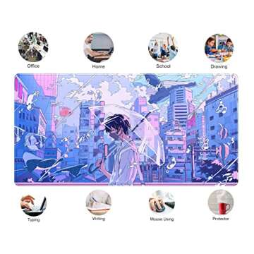 Anime Kawaii Desk Mat Mousepad Cute Japanese Large Gaming Mouse Pad XXL, Pastel Aesthetic Purple Blue Laptop Keyboard Mouse Mat, Magical Fantasy City Girl Gamer Computer Desktop Mat 31.5x15.75 in
