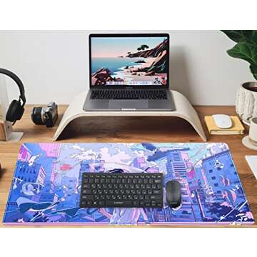 Anime Kawaii Desk Mat Mousepad Cute Japanese Large Gaming Mouse Pad XXL, Pastel Aesthetic Purple Blue Laptop Keyboard Mouse Mat, Magical Fantasy City Girl Gamer Computer Desktop Mat 31.5x15.75 in