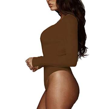 BelleLovin Women's Square Neck Long Sleeve T-shirt Basic Bodysuit Jumpsuits (Brown, Small)