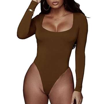 BelleLovin Women's Square Neck Long Sleeve T-shirt Basic Bodysuit Jumpsuits (Brown, Small)
