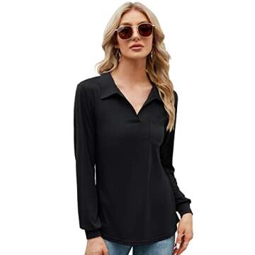 AKEWEI Women's Long Sleeve Tops V Neck Collared Polo Shirts Soft Business Casual Blouse Golf Tee Shi...