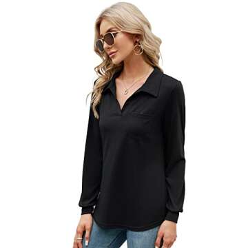 AKEWEI Women's Long Sleeve V Neck Collared Polo Shirt
