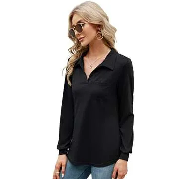AKEWEI Women's Long Sleeve V Neck Collared Polo Shirt