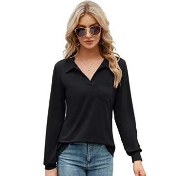 AKEWEI Women's Long Sleeve V Neck Collared Polo Shirt