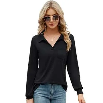 AKEWEI Women's Long Sleeve V Neck Collared Polo Shirt