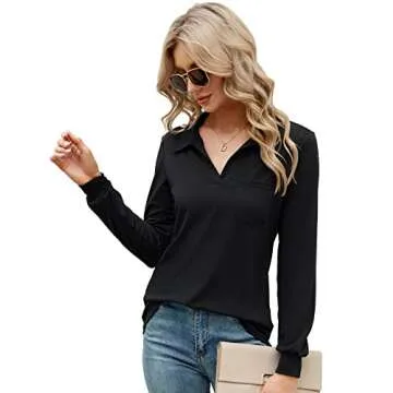 AKEWEI Women's Long Sleeve V Neck Collared Polo Shirt