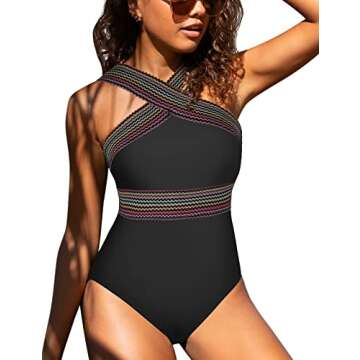 Hilor Women's Vintage One Piece Bathing Suit Front Crossover Swimsuits Hollow Swimwear Monokinis Bla...