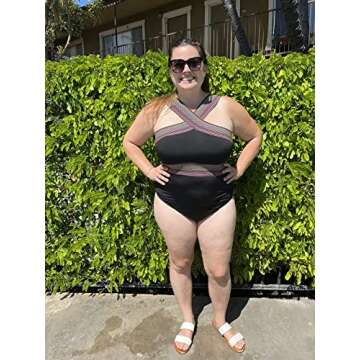 Hilor Women's Vintage One Piece Bathing Suit Front Crossover Swimsuits Hollow Swimwear Monokinis Black Stripes S/US4-6