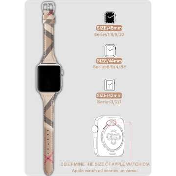 Designer Slim Watch Bands for Women Compatible with Apple Watch Bands 45mm 44mm 42mm, Luxury Beige Plaid Elements Soft Leather Band with Classic Firmly Buckle for iWatch Series10/9/8/7/6/5/4/3/2/1/SE