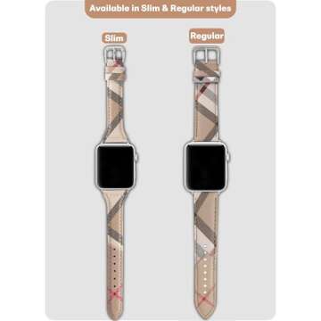 Designer Slim Watch Bands for Women Compatible with Apple Watch Bands 45mm 44mm 42mm, Luxury Beige Plaid Elements Soft Leather Band with Classic Firmly Buckle for iWatch Series10/9/8/7/6/5/4/3/2/1/SE