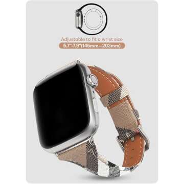 Designer Slim Watch Bands for Women Compatible with Apple Watch Bands 45mm 44mm 42mm, Luxury Beige Plaid Elements Soft Leather Band with Classic Firmly Buckle for iWatch Series10/9/8/7/6/5/4/3/2/1/SE