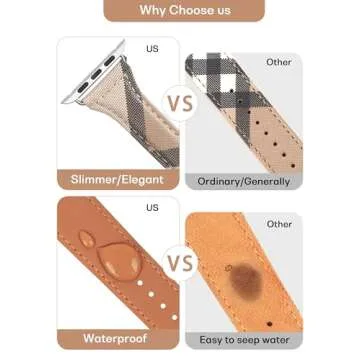 Designer Slim Watch Bands for Women Compatible with Apple Watch Bands 45mm 44mm 42mm, Luxury Beige Plaid Elements Soft Leather Band with Classic Firmly Buckle for iWatch Series10/9/8/7/6/5/4/3/2/1/SE