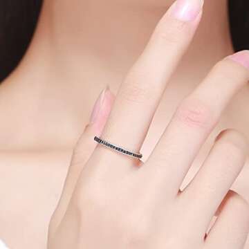 WOSTU 2MM Thin Band Eternity Rings - Sterling Silver & Black CZ