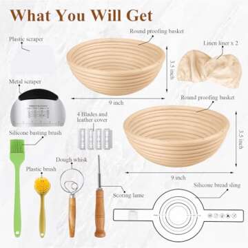 PENGULY Banneton Bread Proofing Basket Set of 2, 9 Inch Round Sourdough Starter Kit, Bread Baking Supplies Tools with Proofing Basket for Bread Making, Dough Whisk, Bread Lame, Basket Gift Set