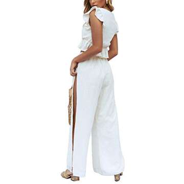 FANCYINN Womens White Two Pieces Outfits Deep V Neck Crop Top Side Slit Drawstring Wide Leg Pants Set Jumpsuits S