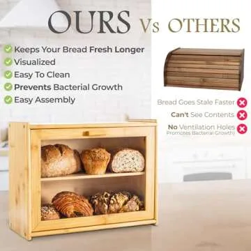 Laura's Green Kitchen Bread Box - Bamboo Bread Box For Kitchen Countertop | Bread Storage For Homemade Bread, Double Layer Bread Box For Kitchen Counter, Farmhouse Bread Container, Wood Breadbox